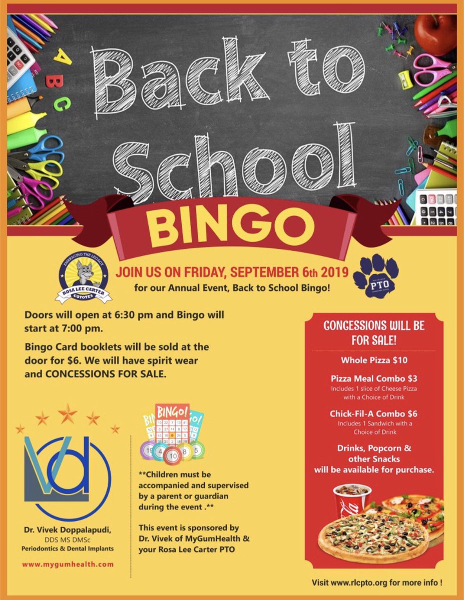 PtoRlc's tweet photo. Our first annual event is coming up soon! Back to school bingo on Friday 9/6th. 
Volunteer link- 
https://t.co/ULB5s0SXmS
Please click on the link to pre-order food at-  https://t.co/y8dgUF0TxY https://t.co/j0mIseFbqs