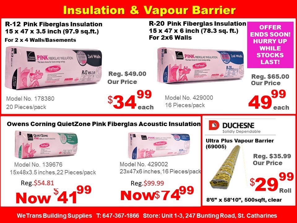 WetransS's tweet photo. Owens Corning Insulation:
R12 $34.99;R20  $49.99;QuietZone  $41.99;Vapour Barrier $29.99   
Our Store address is  Unit # 1-3,247 Bunting Rd, St.Catharines, ON L2M 3Y2; Tel: 647-367-1866; Open time: Mon-Fri 9am-5:30pm, &amp; Sat 10am-4pm;Email us: wetrans@wetransltd.com https://t.co/1NkNMLvLAT