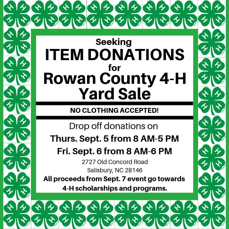 LHAllen86's tweet photo. Please donate items for us to sell to raise money for 4-H scholarships and programs! No clothing accepted. #supportRowan4h #Rowanyardsale https://t.co/PFdeXx5XJZ