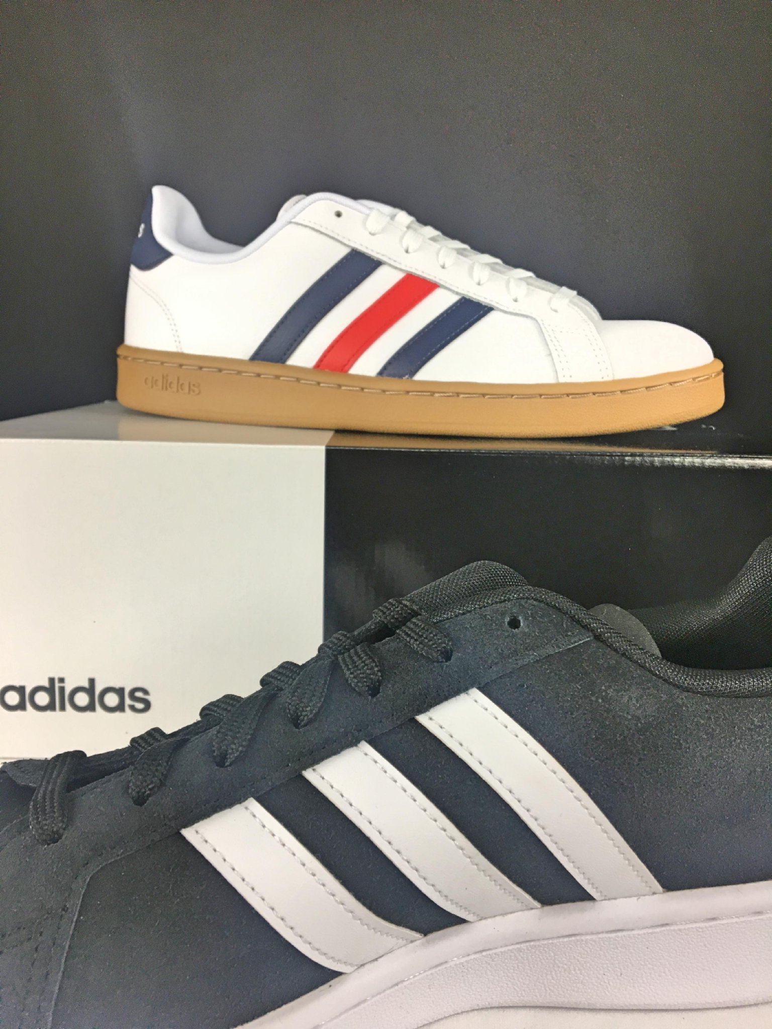 adidas men's grand court shoes white and trace blue