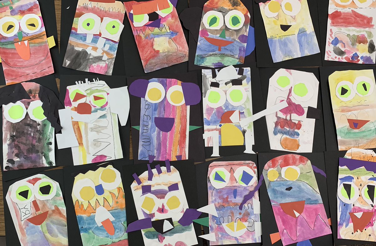 1st project of the year! Lines, color, and shapes oh my! Kinder had fun with Lines that Wiggle, Bear Sees Color, and Go Away Big Green Monster! I love books in the art room!  #PeterSarpyArtRoom