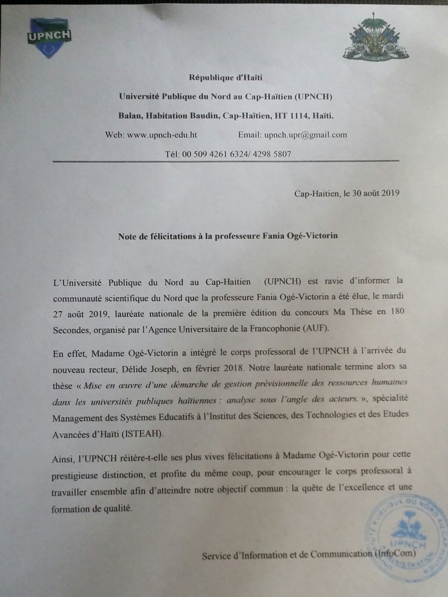 L'UPNCH félicite la professeure Fania Ogé-Victorin, lauréate nationale de la première édition du concours Ma Thèse en 180 Secondes, organisé par l'Agence Universitaire de la Francophonie (AUF).