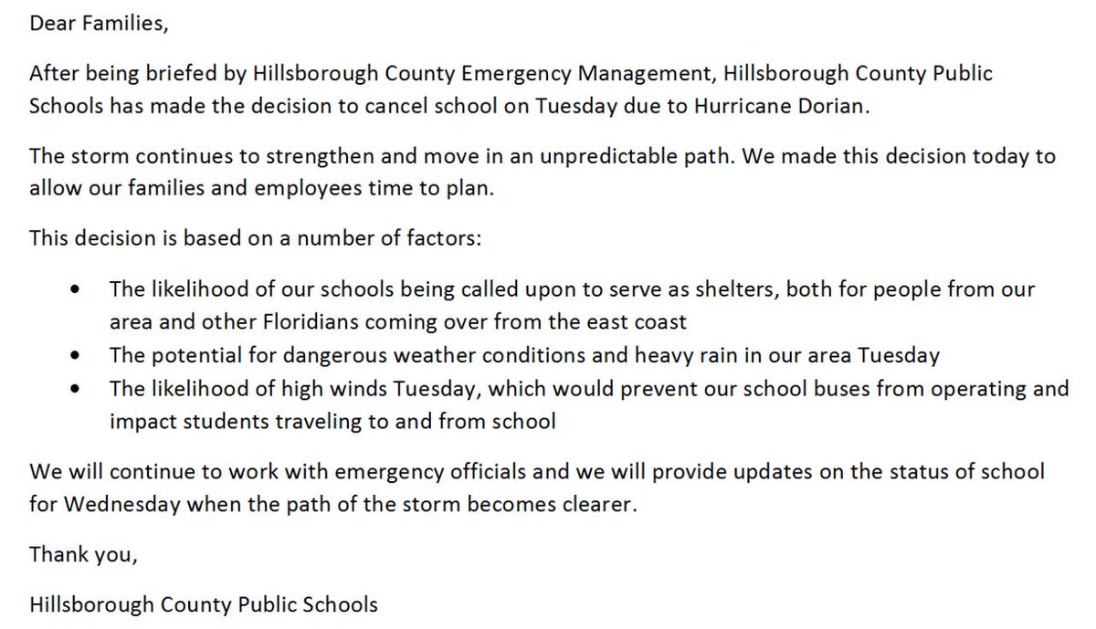 UPDATE on the status of schools for Tuesday. For more information and FAQ: hillsboroughschools.org/dorian