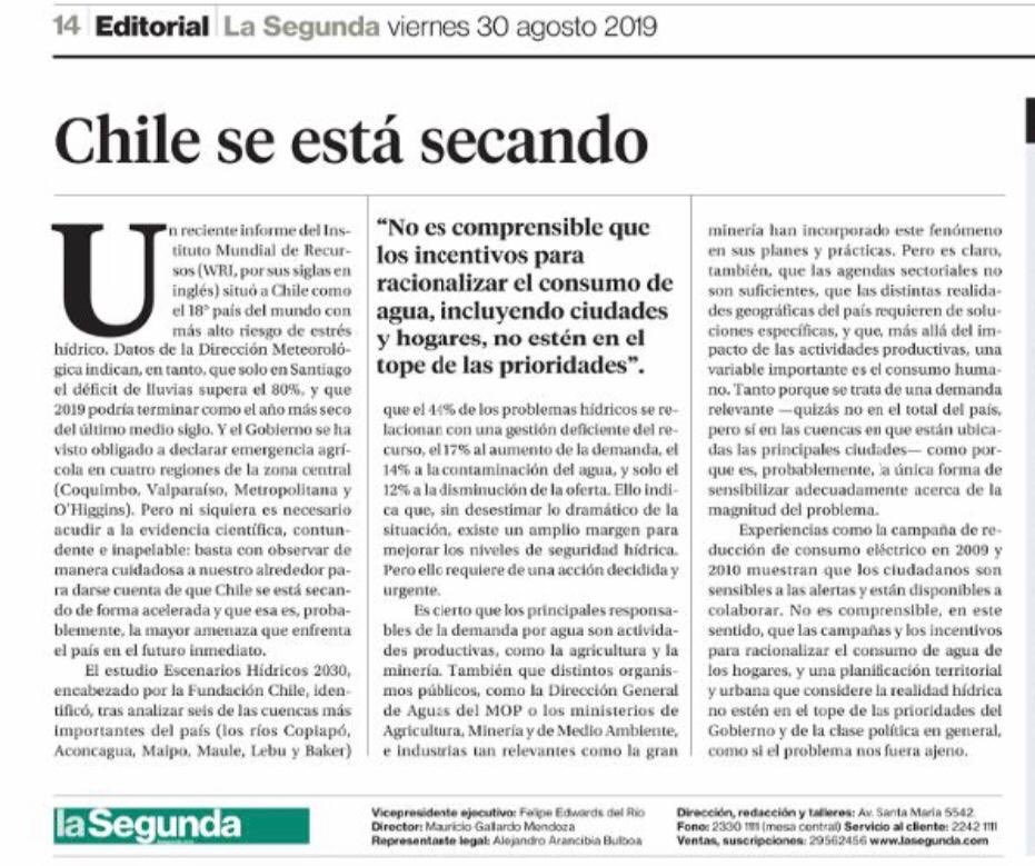 Un 44% de las causas de escasez hídrica tienen que ver con una gestión deficiente. La baja de oferta por cambio climático (12% del problema) expone esa falencia de manera dramática. Lo bueno: hay mucho espacio de mejora. Urge acción decidida. <a href="/La_Segunda/">laSegunda</a> cita a <a href="/fundacionchile/">Fundación Chile</a>
