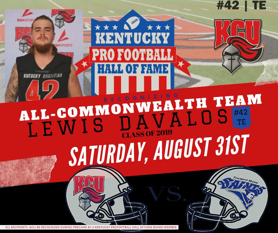 nflkyhof's tweet photo. KY Pro #Football #HOF will recognize Lewis Davalos as a '19 All Commonwealth Team member @ pregame of the Kentucky Christian v Thomas More Game- Sat, Aug31

#KyprofootballHOF #Allcommonwealthteam #KentuckyChristianUniversity #GoKnights #KCU #knights #kentuckychristian https://t.co/sfAKipirge
