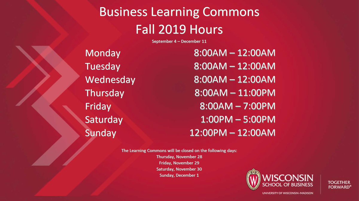 UWBusLibrary's tweet image. The Business Library will be closed Monday, September 2, in observance of Labor Day. We will reopen Tuesday, September 3, from 8:00am-4:30pm. Finally, on Wednesday, September 4, our Fall semester hours will begin. Have a good long weekend, and we'll see you next week!