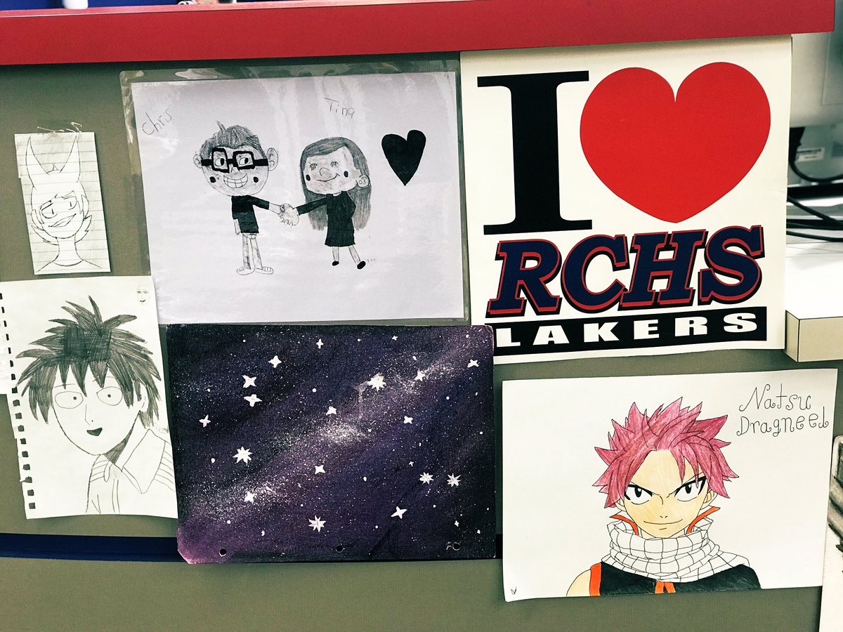 RCHSLibrary's tweet photo. New student art work on display! I LOVE when students share their amazing creations with me! #lakerlibrary https://t.co/w1mnEc7hL1