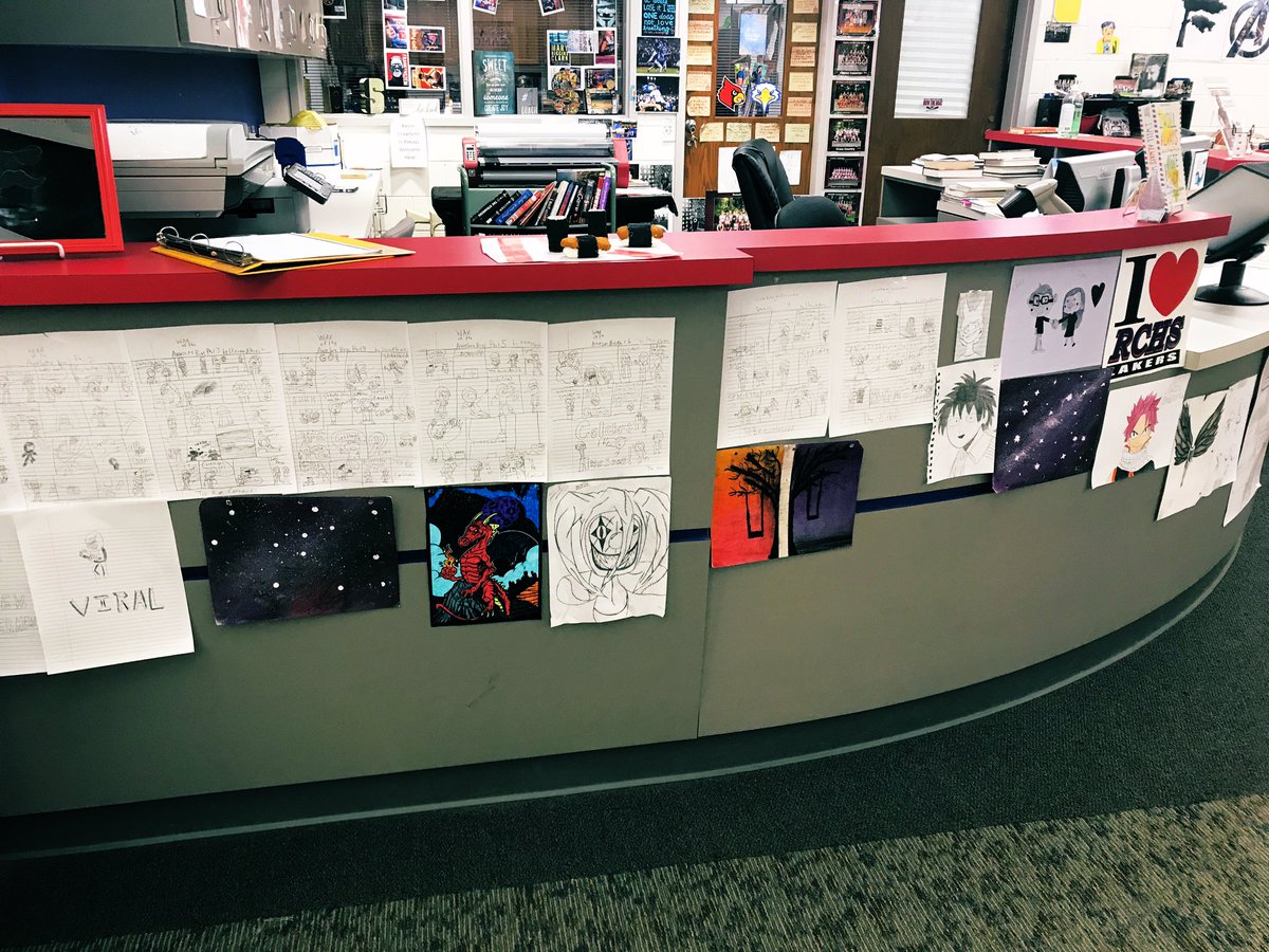 RCHSLibrary's tweet photo. New student art work on display! I LOVE when students share their amazing creations with me! #lakerlibrary https://t.co/w1mnEc7hL1