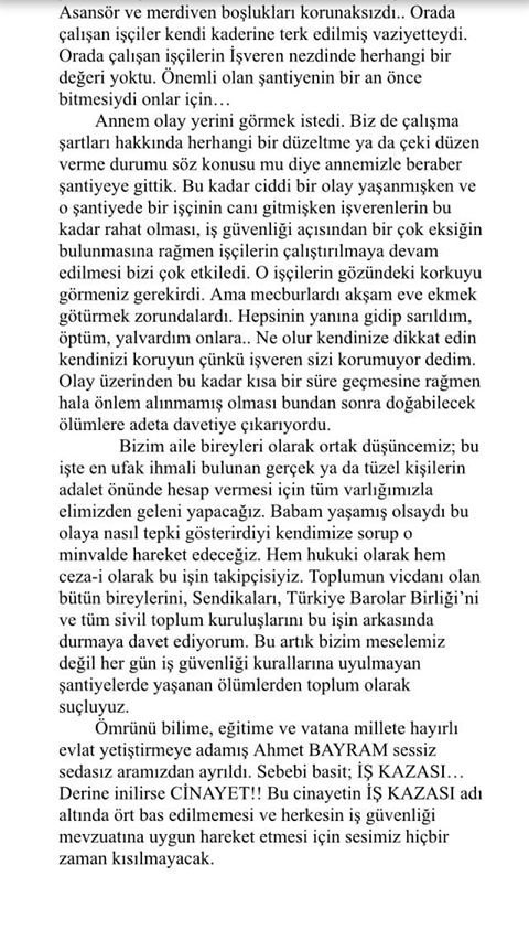 9 Ağustos'ta Bursa Nilüfer'de çalıştığı inşaatın 7.katından düşerek yaşamını yitiren 55 yaşındaki 4 çocuk babası Ahmet Bayram'ın oğlu Musa'nın gönderdiği açıklamayı paylaşıyoruz...
5 dakikanızı ayırıp okumanızı rica ediyoruz...