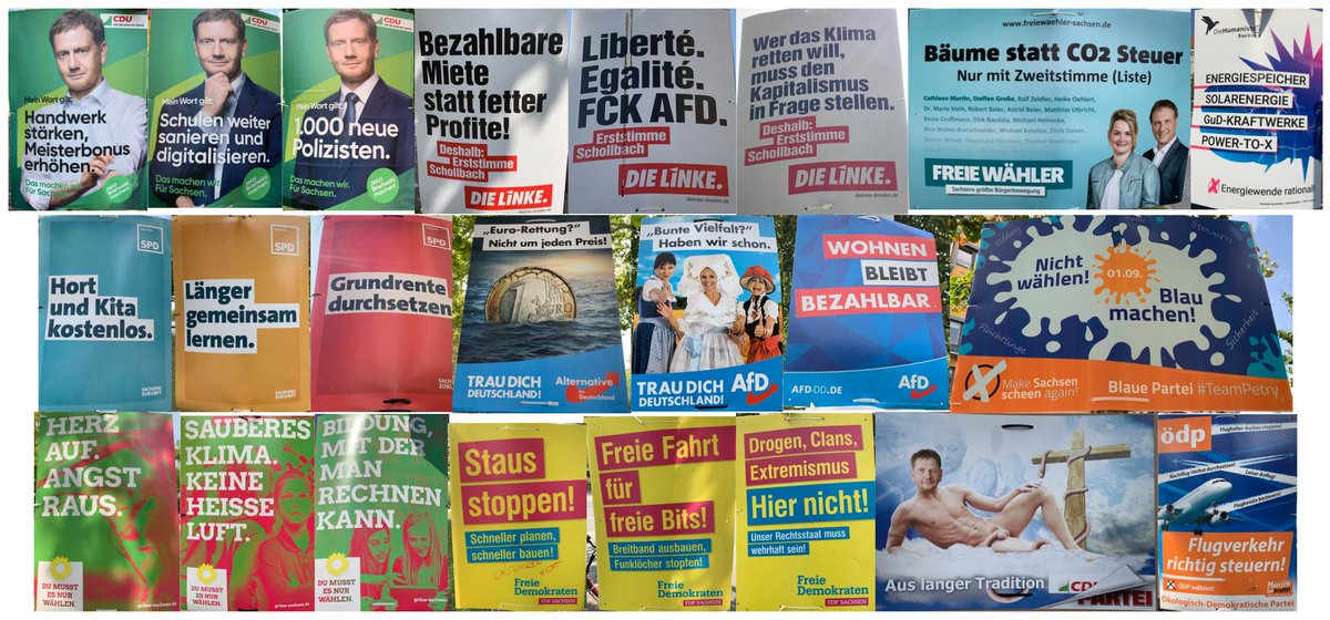 thobach's tweet photo. Am Sonntag zählt jedes Kreuz. Zum Überblick ein paar Wahlplakate aus Dresden von @cdusachsen @linke_sachsen @SPDSachsen @AfD_Sachsen @gruene_sachsen @fdpsachsen @FreieWaehlerSN @oedp_sachsen @PARTEI_Sachsen #TeamPetry @PdH_Sachsen zur #Landtagswahl #Sachsen 2019. https://t.co/8KUGB75PP6