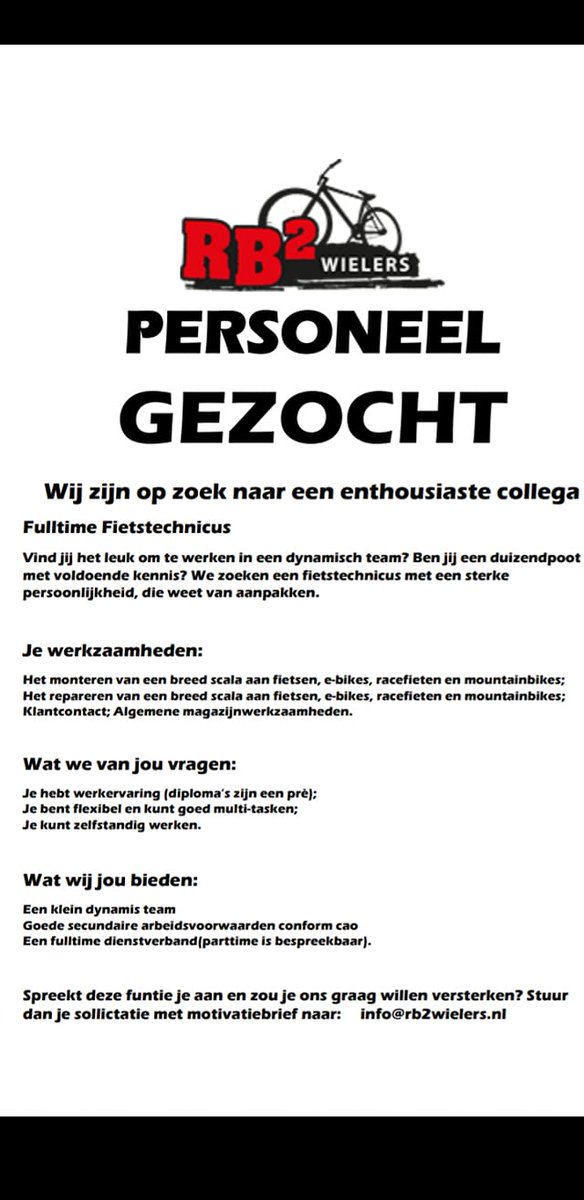 rb2wielers's tweet photo. Is er iemand toevallig nog op zoek naar een leuke baan in Diepenveen? Mail ons op info@rb2wielers.nl jouw cv. #collegagezocht #vacature #vacatures #diepenveen #werk https://t.co/jdGYE7bLpT