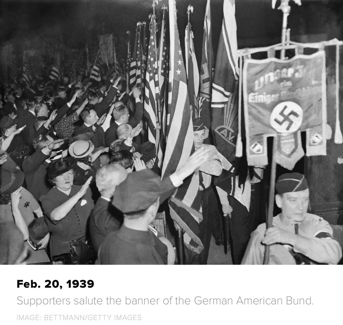 The Nazi Bund held rallies at Madison Madison Square Garden from 1934-1939.On Feb 20, 1939—20,000 Bund members held their largest “Pro-America Rally.”Inside, Hitler Nazi supporters filled the aisles while speakers spoke against Dem POTUS “Frank D. Rosenfeld” & his “Jew Deal.”