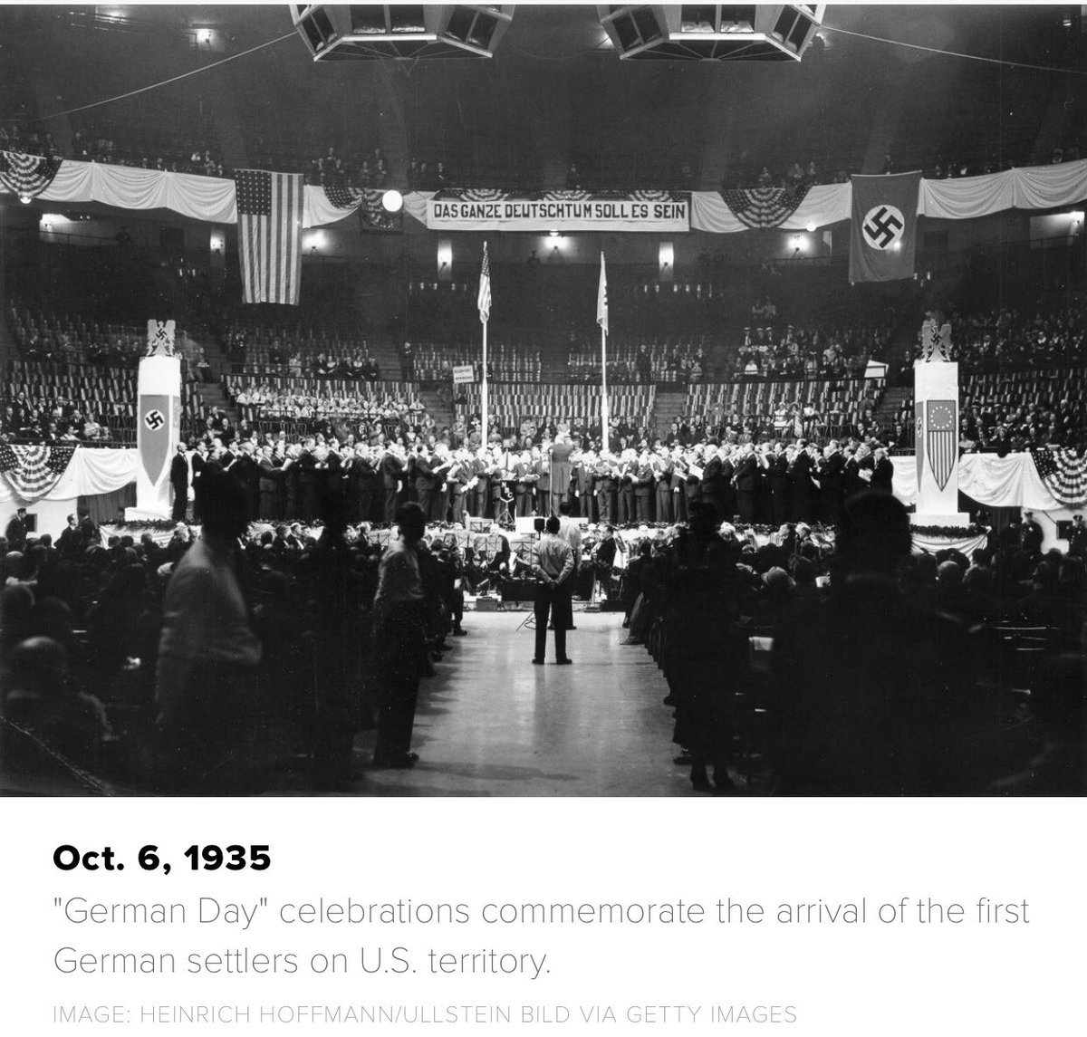 The Nazi Bund held rallies at Madison Madison Square Garden from 1934-1939.On Feb 20, 1939—20,000 Bund members held their largest “Pro-America Rally.”Inside, Hitler Nazi supporters filled the aisles while speakers spoke against Dem POTUS “Frank D. Rosenfeld” & his “Jew Deal.”