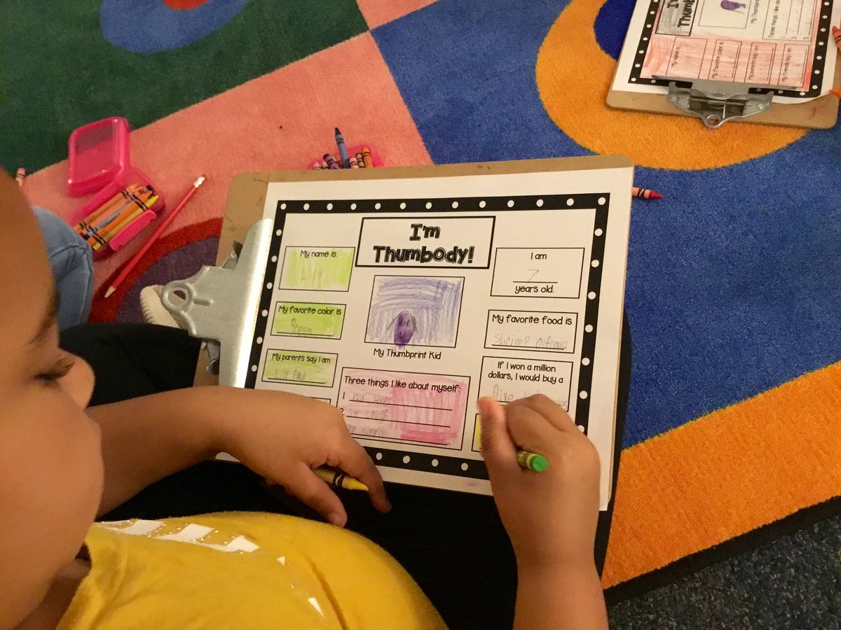 readkates's tweet photo. A fav activity I like to do w/ second grade is “I’m Thumbody”. Adapted and tweaked from another counselor (a long time ago), it gets the kids thinking about themselves positively &amp; more fun w/ my grape scented stamp pad. #createpositivemoments #counselorlessons  @ChouteauSchool https://t.co/g9o6qNUN8V