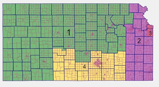After the 2020 Census, redistricting in Kansas could look something like this. While KS-2 and especially KS-1 have lost people since 2010, KS-4 has mostly held steady and KS-3 has grown significantly. In this map (2017 data), KS-1 expands to the east while KS-3 shrinks. #kspol