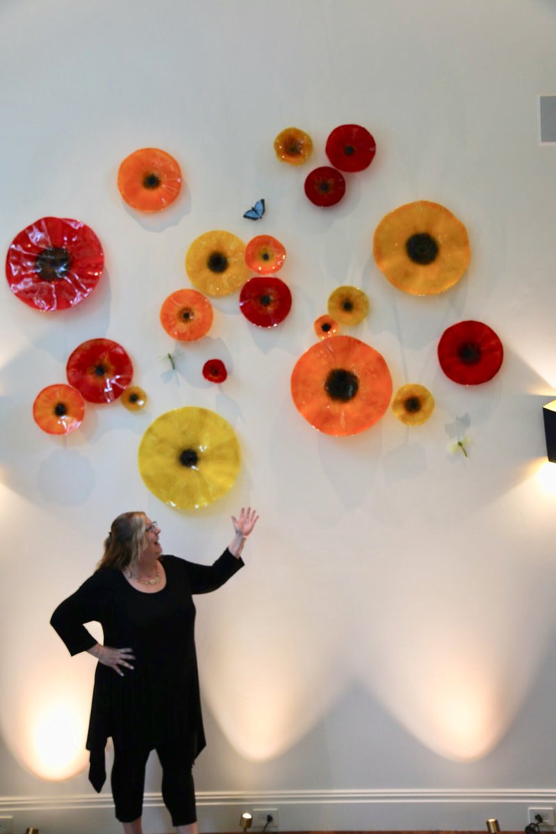 GlassByHelen's tweet photo. Lafayette Poppies.  A private installation completed after 3 months of designing and creating.  Poppies rang in sizes from 5” to 21”.  #poppies #glassart #kilnformedglass #fusedglass #commissionedart #commissions #glassbyhelen #hangyourglass https://t.co/sSJsjm2jVD https://t.co/6h9wNb8YjQ