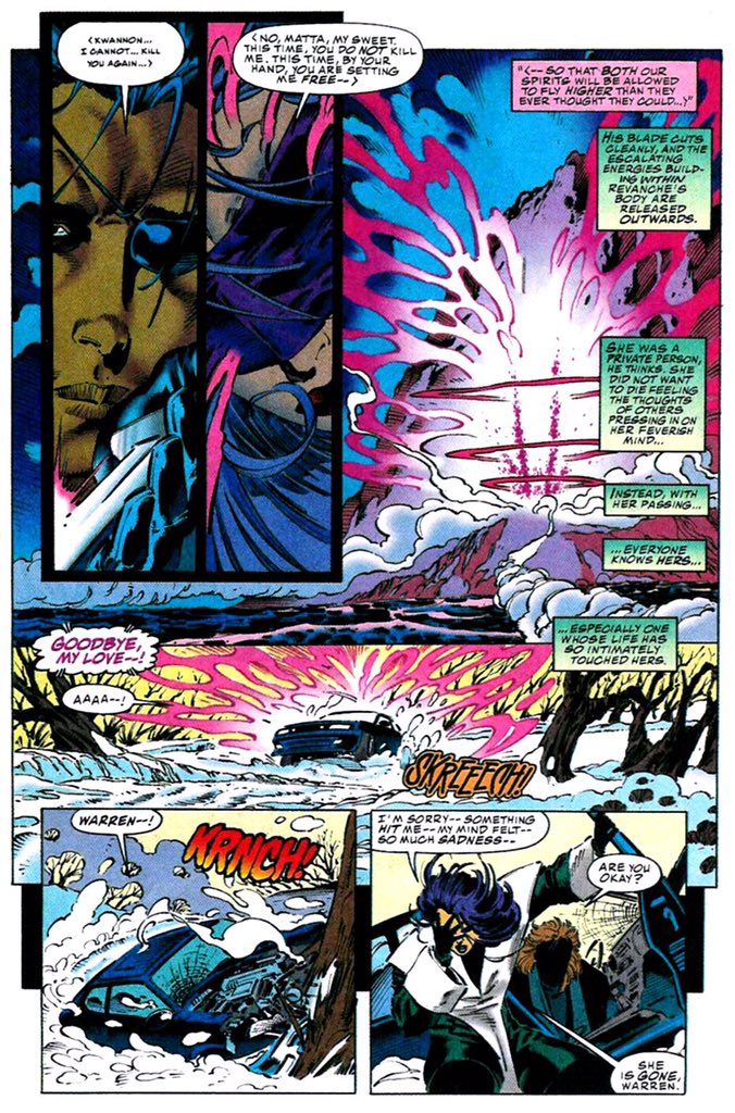 Psylocke felt her dying and sought out Matsu’o, who used this telepathic imprint in the way Revanche asked of him. Matsu’o released the energy on Betsy and her mental peace was restored, as all fragments of Kwannon were taken from her soul, restoring her true sense of identity.