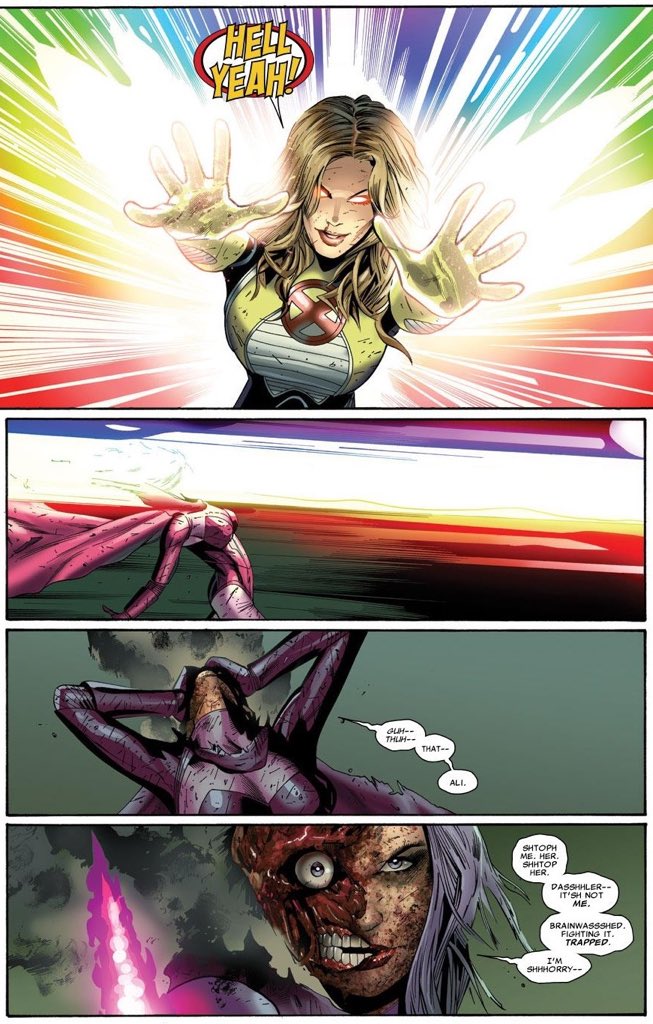 Kwannon and several others engaged the X-Men, providing a necessary distraction. She was struck by a full-force laser blast from Dazzler. Half of Kwannon’s face was burned away and she was severely weakened, allowing Psylocke’s spirit to briefly take over.