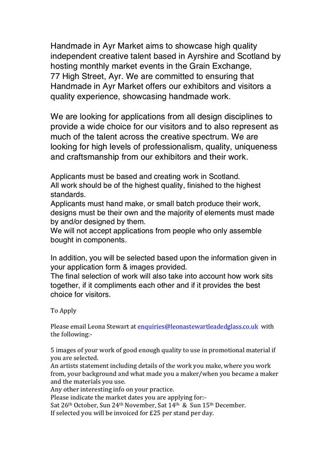 Calling all Scottish artists and makers! Here's your chance to take part in the amazing HandMade In Ayr Market over the coming months........