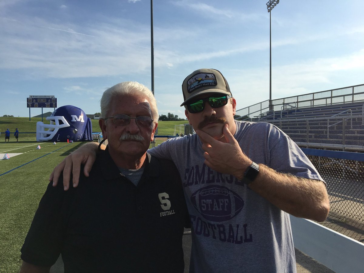 BJNFBALL's tweet image. Alright #BJN, the time has come to vote for your favorite mustache. We have the wise and hardworking Coach Hatcher on the left and our alumni middle linebacker Rob Stevenson. See the following tweet to vote #StacheTastic