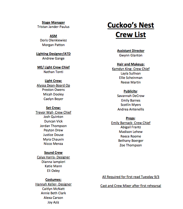 teachertooch's tweet photo. @maraudertheatre 
Cuckoo's Nest Cast &amp; Crew Lists - congratulations!
There will be a Company Mixer hosted by Thespian officers after rehearsal on 9/3 (5:45-7p). Thanks to everyone who auditioned/interviewed-it's going to be an amazing experience! https://t.co/IPD7JAGs5D