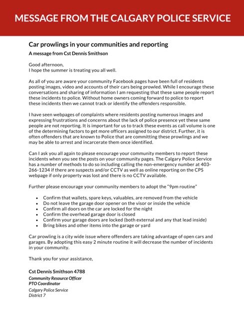 As some of you may know, car prowling has been an ongoing concern amongst families in the RR/RO area. Please read and share the attached image to ensure the safety of your car and personal belongings.