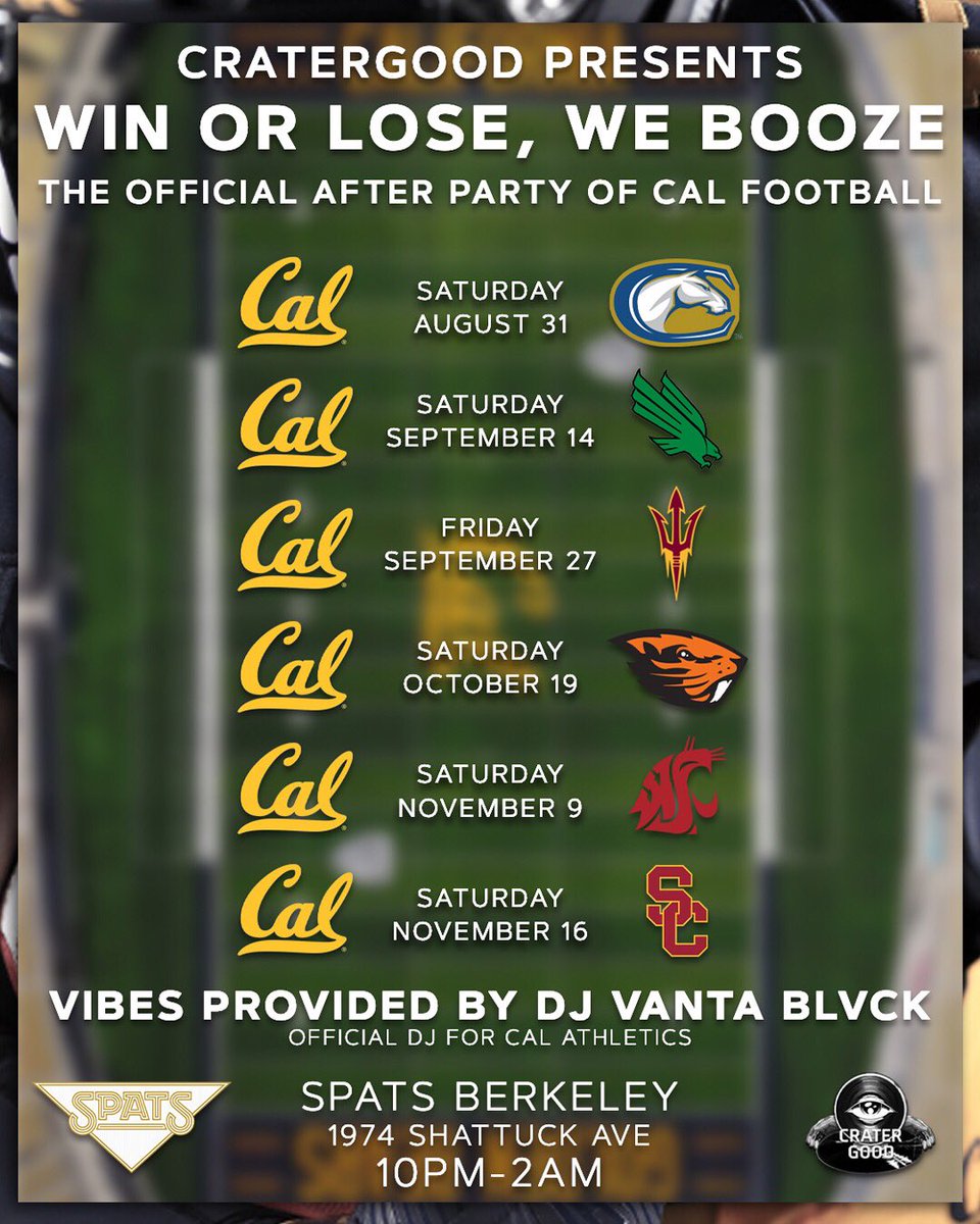 cratergood's tweet photo. We got a #GoodAssWeekend coming up. @CalFootball takes on UC Davis in the season opener with the After Party at Spat Bar - #GoodAssSZN is upon us 👀💽 https://t.co/eMI2uP1ihq