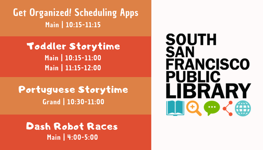 SSFLibrary's tweet photo. Tuesday's classes & workshops at SSFLibrary! Let's Learn! π https://t.co/iNxb0iwKug
#SchedulingApps #Organization #DigitalLiteracy #EarlyLiteracy #Toddlers #Storytime #Portuguesa #DashRobotRaces #Robotics #STEMeducation @CityofSSF https://t.co/K4FJFqRn9G