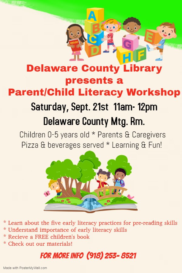 DelLibrary's tweet image. Come to our literacy workshop on Saturday, September 21st.  Learn some new things and have fun! #DelawareCountyLibrary #JayOklahoma #literacy