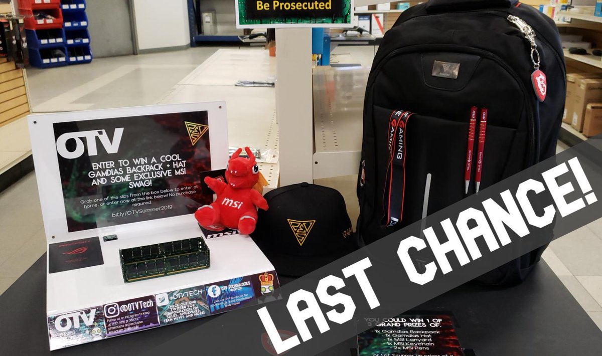 OTVTech's tweet image. Today is your last chance to enter OTV's Summer 2019 giveaway, with a chance to win 1 of 3 grand prizes featuring a sweet backpack, hat + MSI swag or 1 of 2 Gamdias hats! Enter at the link in our bio or at bit.ly/OTVSummer2019.