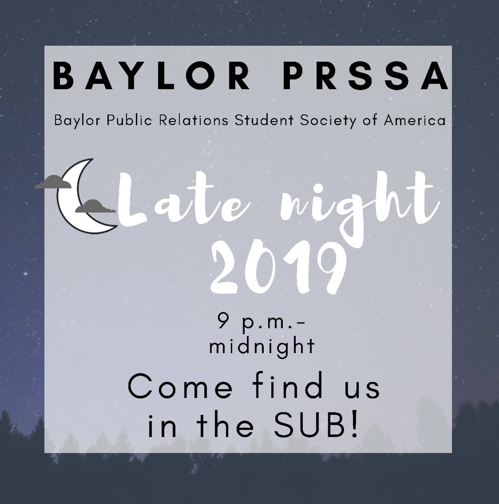 Late night has finally arrived!✨Stop by our booth from 9-midnight to hear all about the exciting opportunities PRSSA has to offer!
#prssa #baylorprssa #publicrelations #baylor