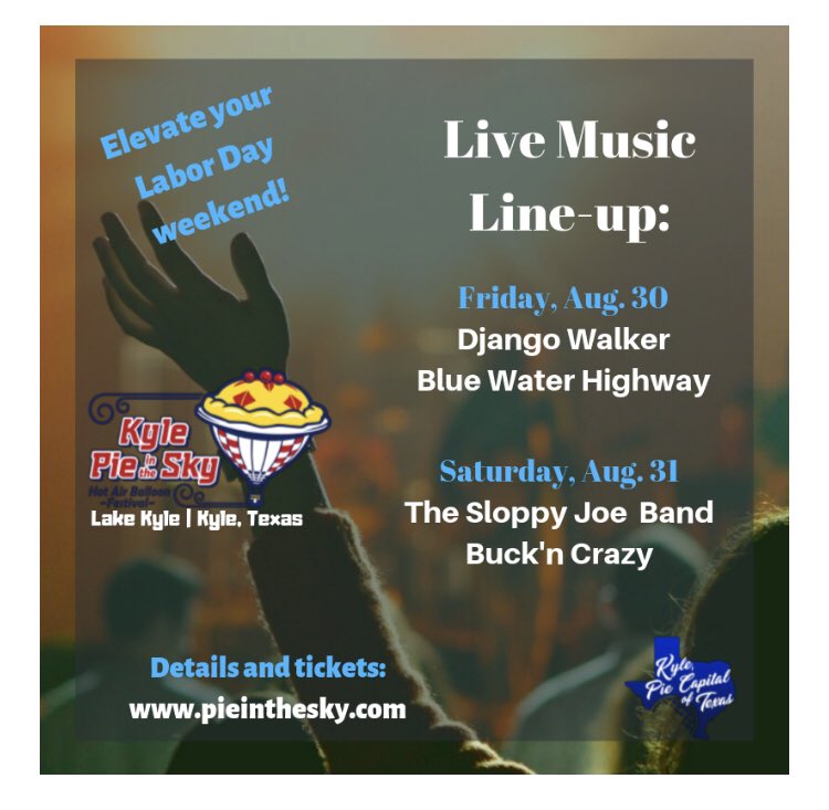 KoontzOncology's tweet photo. Hey Central #Texas, don’t miss the fun this weekend in #KyleTx
The great people of @KyleGovernment are hosting #PieInTheSkyFestival at #lakekyle in #HaysCo
For more info & to purchase tixs 👇
https://t.co/MJ9Ftd6AQB
Weather is beautiful - Don’t forget your #sunscreen! https://t.co/4MBDhUKq7b