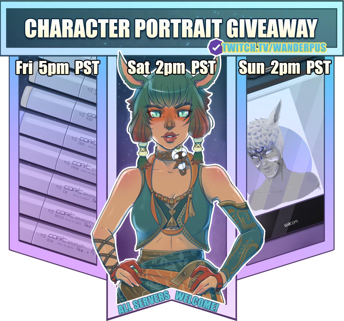 wanderpus's tweet image. AW YEAH IT&apos;S FRIDAY!

Come enter to win free physical art of your #FFXIV, #WoW, #DnD, etc character tonight at 5pm PST!

Starting soon at twitch.tv/wanderpus 

@FF_XIV_EN