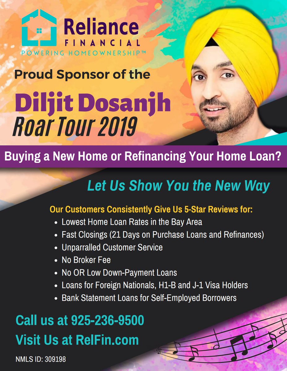 Reliance_Fin's tweet photo. Reliance Financial is proud official to sponsor of Diljit Dosanjh @diljitdosanjh #RoarTour2019. 

#Music #Indian #Mortgage #OracleArena #Sponsor #DiljitDosanjh #RelianceFinancial #PoweringHomeownership https://t.co/DZnvTBzVzo