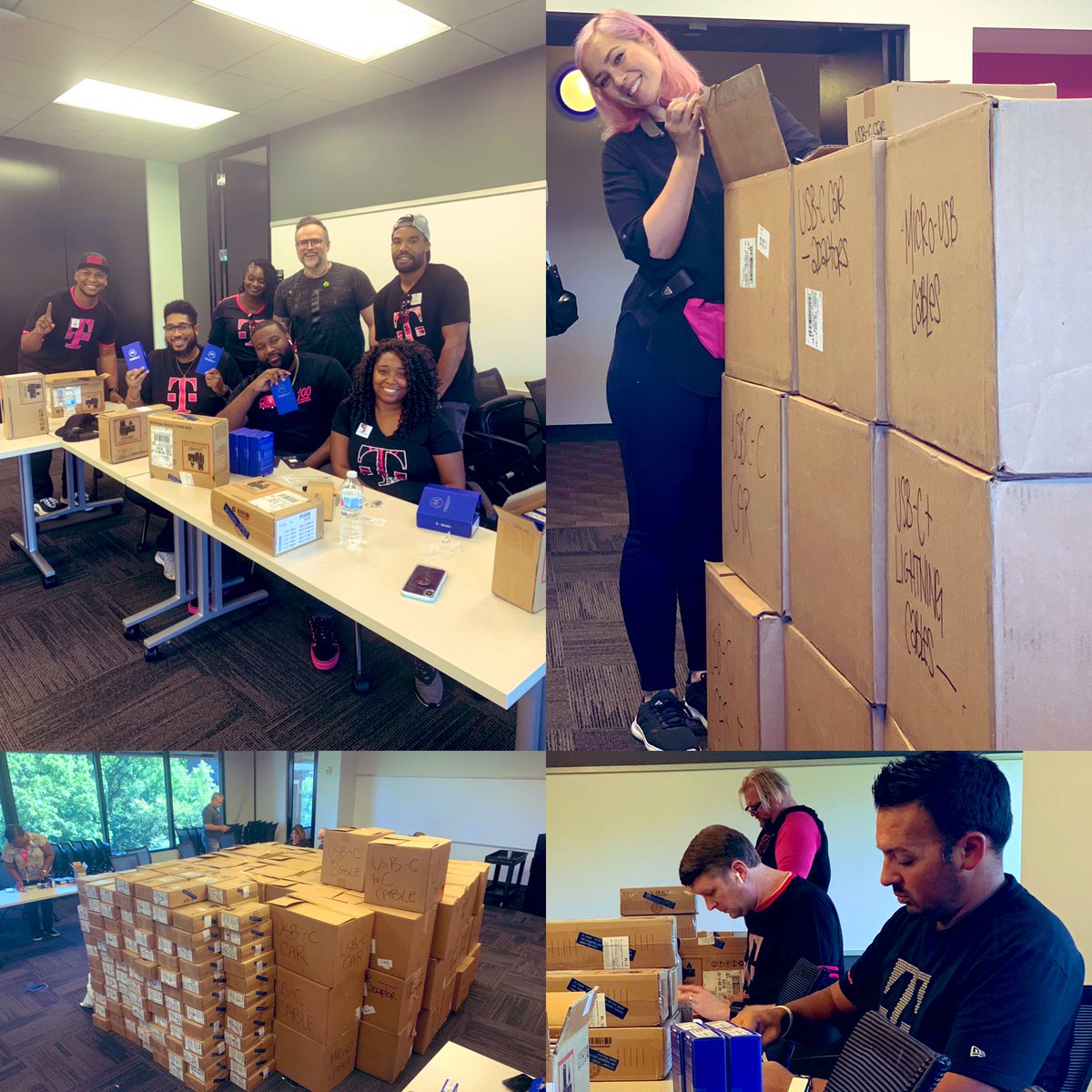 Today I was reminded why <a href="/TMobile/">T-Mobile</a> is the best place to work. Everyone was singularly focused on employee well being &amp; what was needed to support the communities we serve post #Dorian. Sending ❤️ , 🙏🏻  and more than 1000 phones &amp; accessories to FL packed with the #PowerOfLove