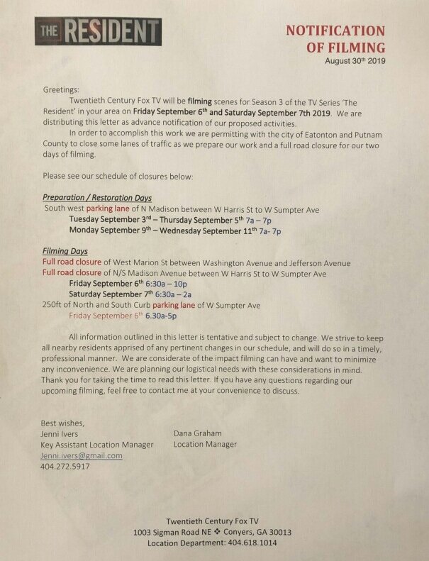 shannonhasnews's tweet photo. The Resident begins filming scenes in Downtown Eatonton next week. 
#drama #Filmmaking #filmseries #location #TheResident #GeorgiaFilms https://t.co/cz3foadPXE