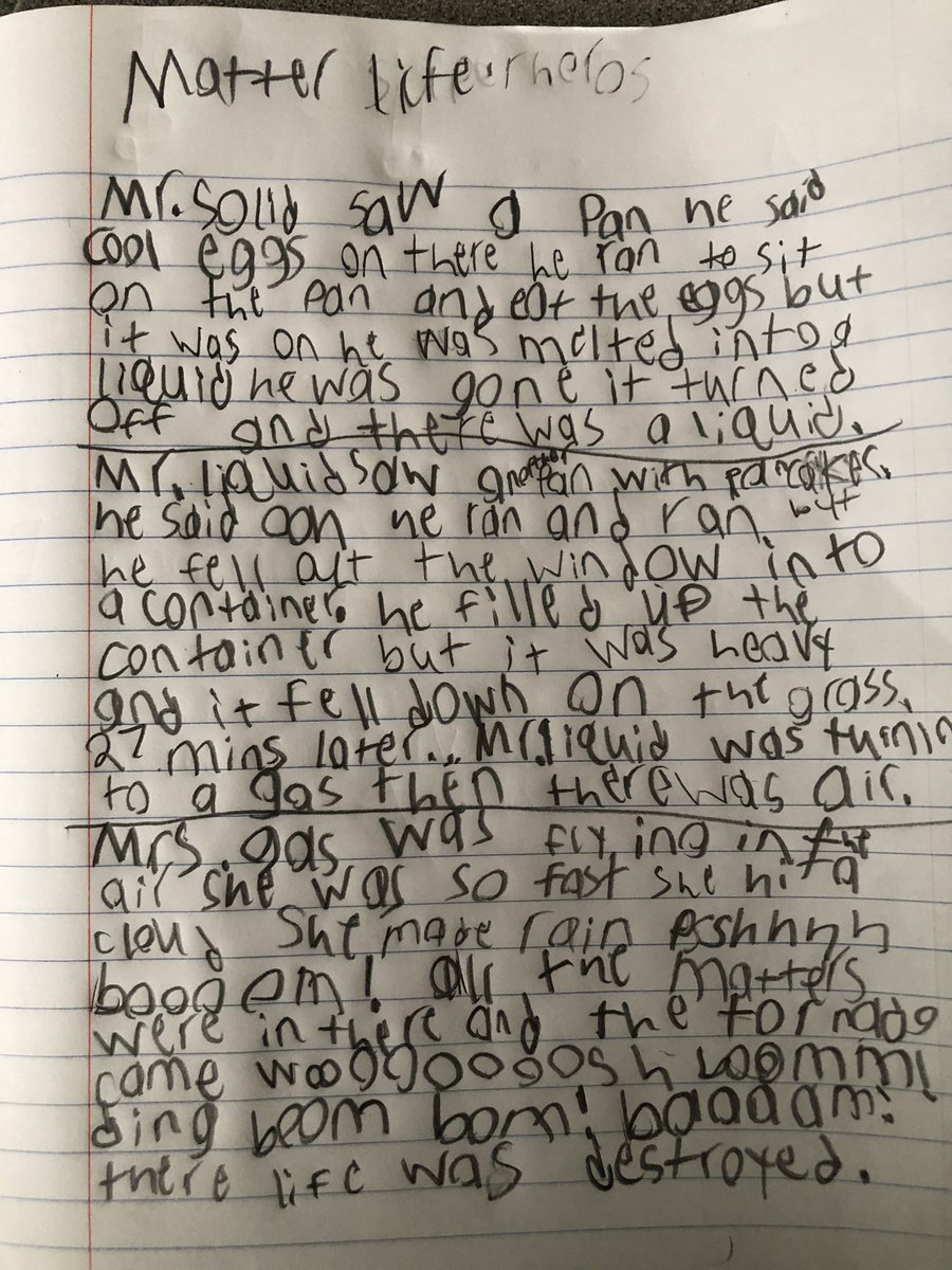 Writing about matter and creating a story based on what we’ve learned! Love how creative this student got! 💫 @ElementaryMJ @LakeWorthISD #ikeloa