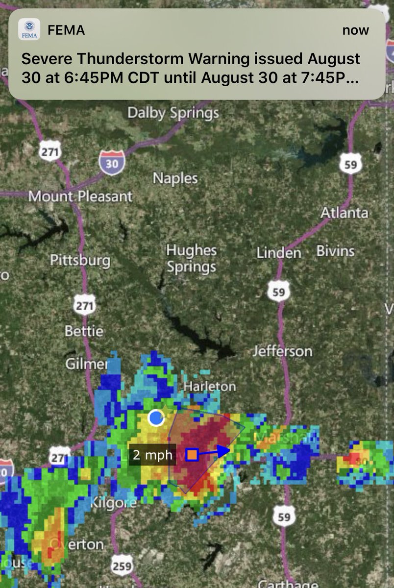 ETXprepare's tweet image. Severe Thunderstorm Warning for..SEHarrison Cnty in #NETexas...
* Until 745 PM CDT. At 645 PM CDT, a severe thunderstorm was located over Hallsville,or 10 miles east of Longview, moving southeast at 5 mph.HAZARD...60 mph wind gusts &amp;amp;penny size hail. IMPACT..Expect damage to roofs