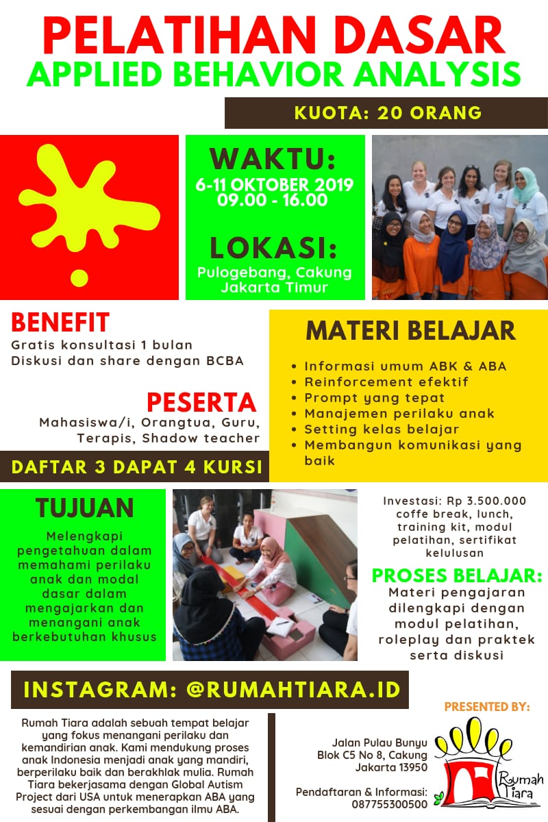 Rumahtiaraid's tweet photo. Pelatihan ABA bonus diskusi bareng BCBA dan supervisi selama sebulan
#pelatihanABA #ABAdiIndonesia #RumahTiara #autisma #pelatihanjakarta https://t.co/LtFqVezVUh