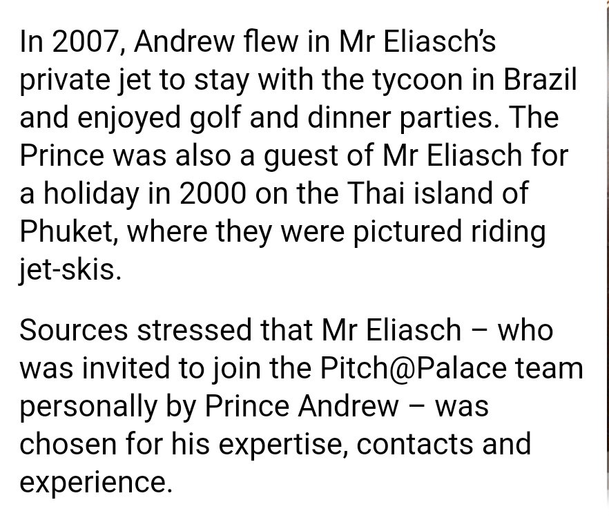 Johan Eilasch, CEO of HEAD sporting goods, was adviser to Boris Johnson when London mayor, William Hague, Iain Duncan Smith and Michael Howard. Like Boris Johnson, he has come out strongly in defence of Prince Andrew. https://www.dailymail.co.uk/news/article-7268677/Prince-Andrew-appoints-Swedish-billionaire-friend-director-Palace-project.html