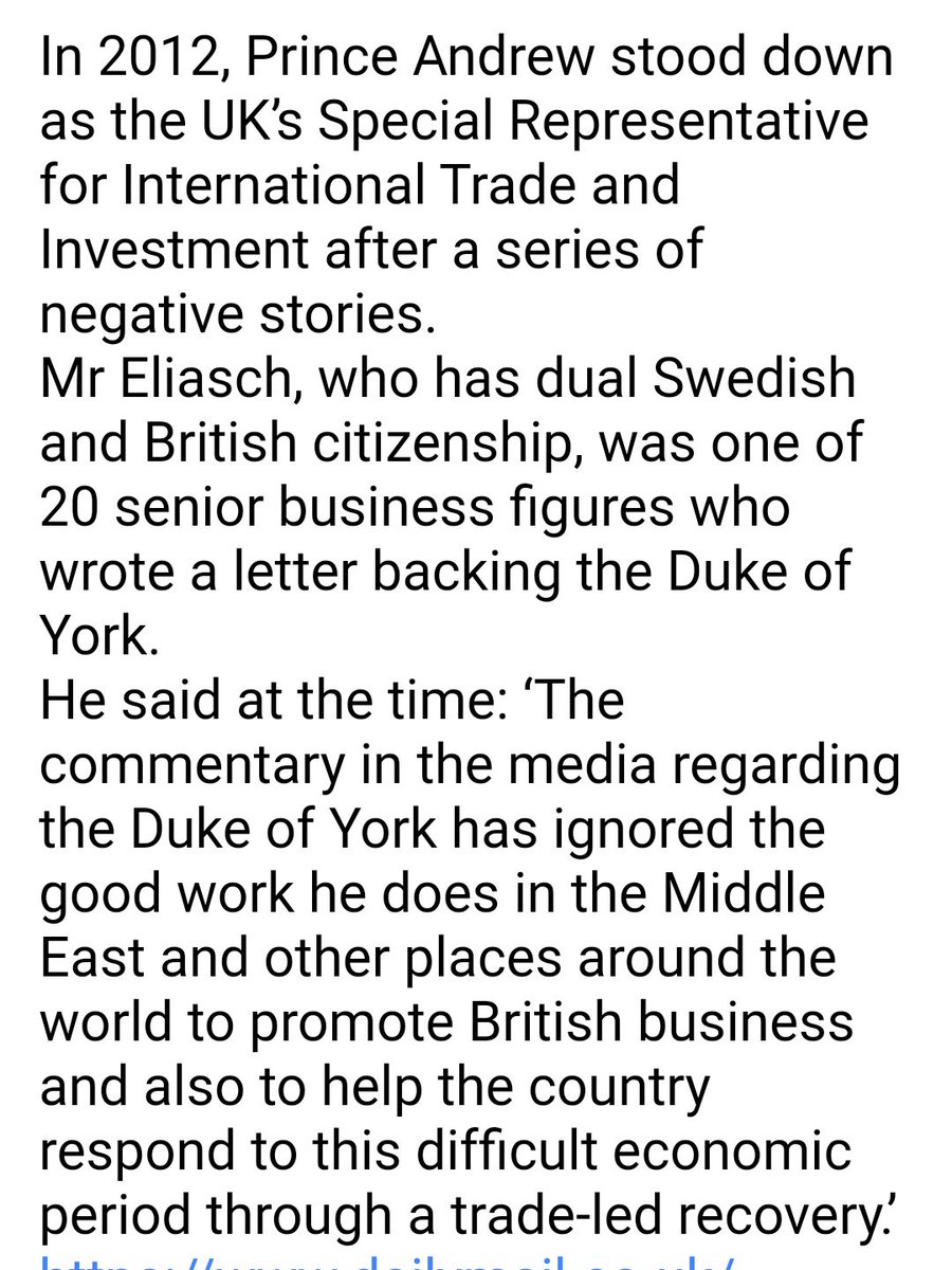 Johan Eilasch, CEO of HEAD sporting goods, was adviser to Boris Johnson when London mayor, William Hague, Iain Duncan Smith and Michael Howard. Like Boris Johnson, he has come out strongly in defence of Prince Andrew. https://www.dailymail.co.uk/news/article-7268677/Prince-Andrew-appoints-Swedish-billionaire-friend-director-Palace-project.html