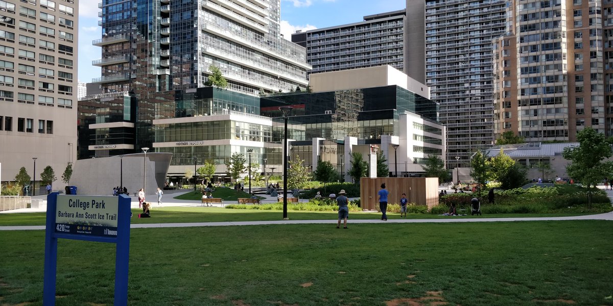 smuncky's tweet image. Back at College Park since it opened a few weeks ago. Lots of people using it. All the benches were occupied. People playing Frisbee. Will be even nicer once when the trees get a bit of height and density. #urbto #sitTO