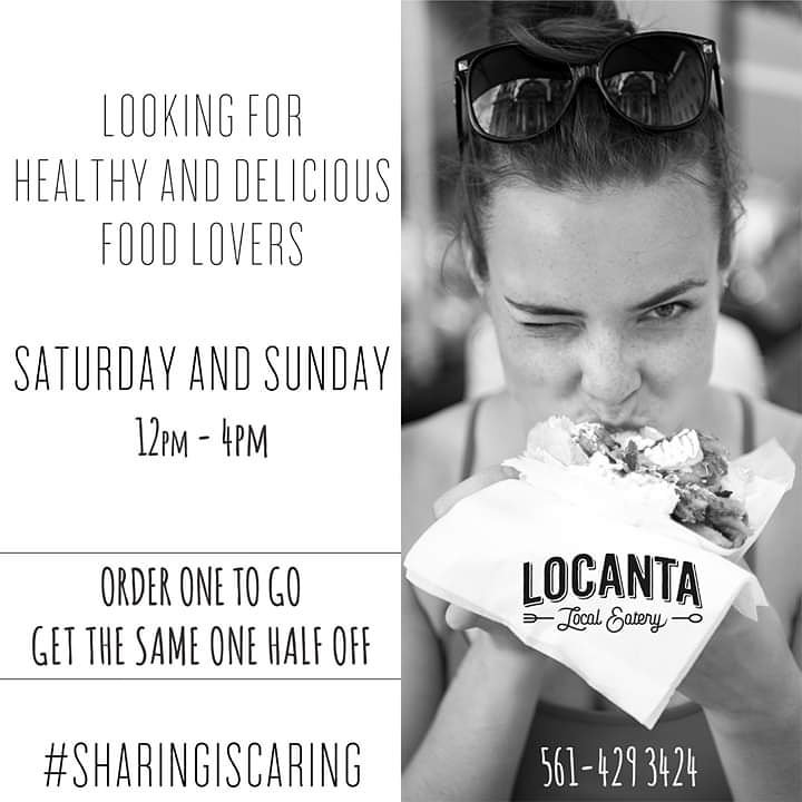 Doesn't really matter if it is #tropical storm or #mediterranean breeze. We're here for you either way...

Saturday and Sunday 12pm-4pm
Order one to go get the same one half off.
#besafe

#wpb #dorian #foodie #ilovewpb #locanta #vegetarian #vegan #veganlove #veganrestaurant