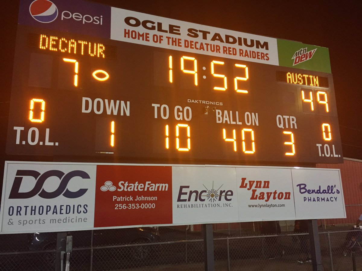 Seen a lot of Austin-Decatur games in my day. This halftime score is unbelievable. <a href="/DHSBoosterClub/">DHS Athletic Booster Club</a> <a href="/AHSBBN/">Austin High School</a> @AHSFOOTBALL5 <a href="/dhsfoot_ball/">Decatur High Football- Decatur, AL</a>