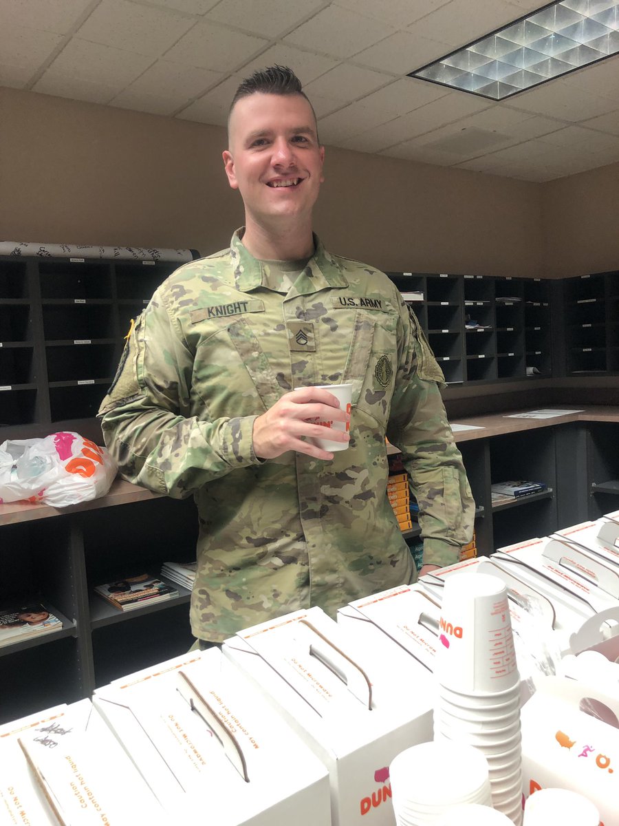SlicerSupport's tweet photo. THANK YOU to Indiana National Guard Staff Sgt. Knight for bringing Dunkin Donuts to LPHS staff. It was a great way to start Friday! You rock with Slicer staff and students! #nicholasknight #indiananationalguard #lphsdonutday https://t.co/MSAobyjMZR