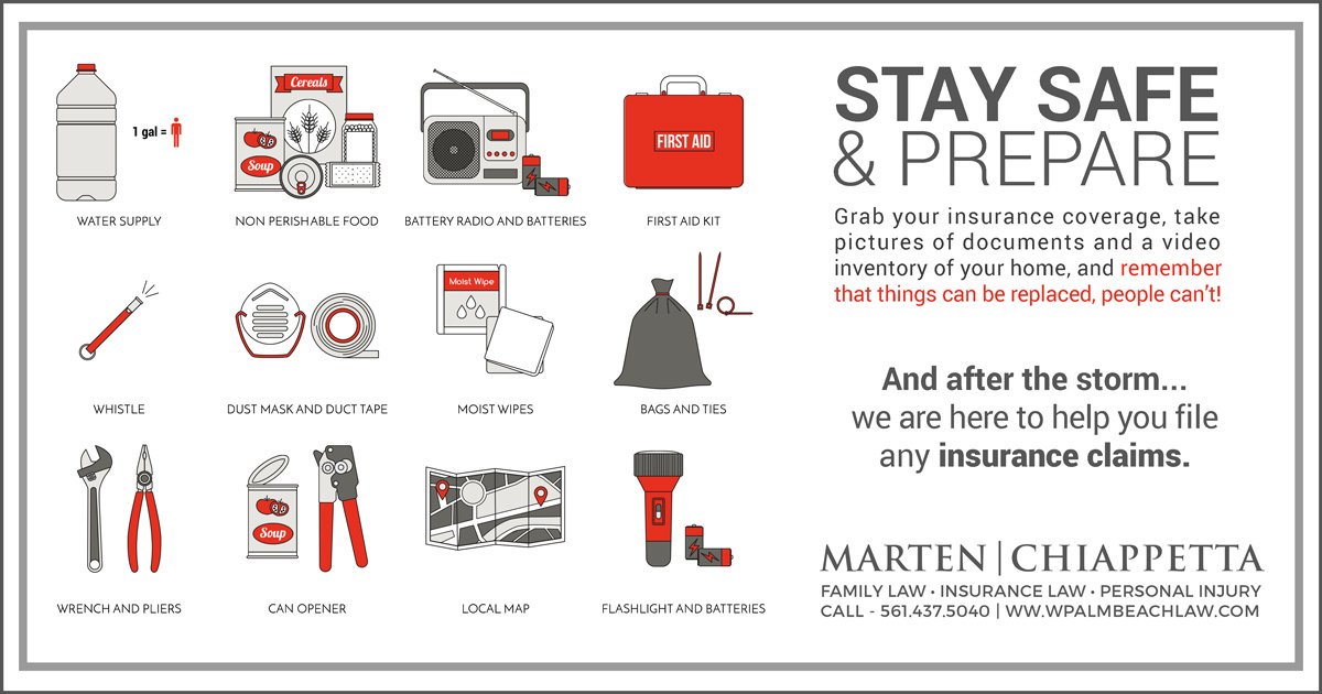 WPalmBeachLaw's tweet image. #WestPalmBeach STAY SAFE and REMEMBER! 
Grab insurance coverage, take picture inventory, get emergency supplies, and prepare evacuation plan and fuel. Things can be replaced but you cannot! If you need help filing an insurance claim, call: 561.437.5040 #hurricandorian #insurance