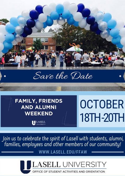 LU_activities's tweet photo. Save the date! Family, Friends, and Alumni Weekend is October 18th-20th. Stay up to date with our website https://t.co/Qcqbg2lhyM. Schedule coming soon and family and student registration going LIVE soon! #laserpride #getexcited #LUFFAW19 πππ https://t.co/OM2B1LAbKB