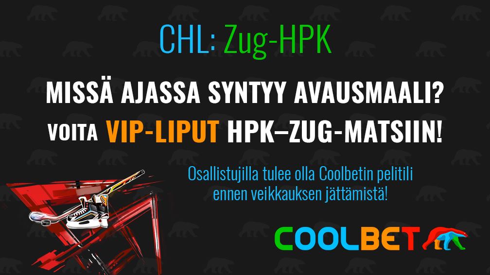 COOLBET-SKABA!

Veikkaa Zug-HPK-ottelun avausmaalin syntyaika ja voita kaksi aitiolippua 7. syyskuuta pelattavaan CHL-otteluun HPK-Zug.

Ehdot: RT + Seuraa.

PS. Mikäli oikeita vastauksia on useampi, niin voittaja arvotaan.

#CHLfi #Liiga #HPK #betsit