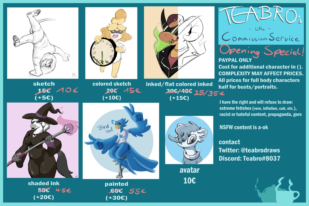 teabrodraws's tweet photo. Hello everynyan! I'm gonna start taking commissions for the first time, with special prices to celebrate! Come and get your very own hot and fresh Teabro® Artwork!! (3 available special slots, prices will revert back to regular after those) https://t.co/VKnZWGwFIb