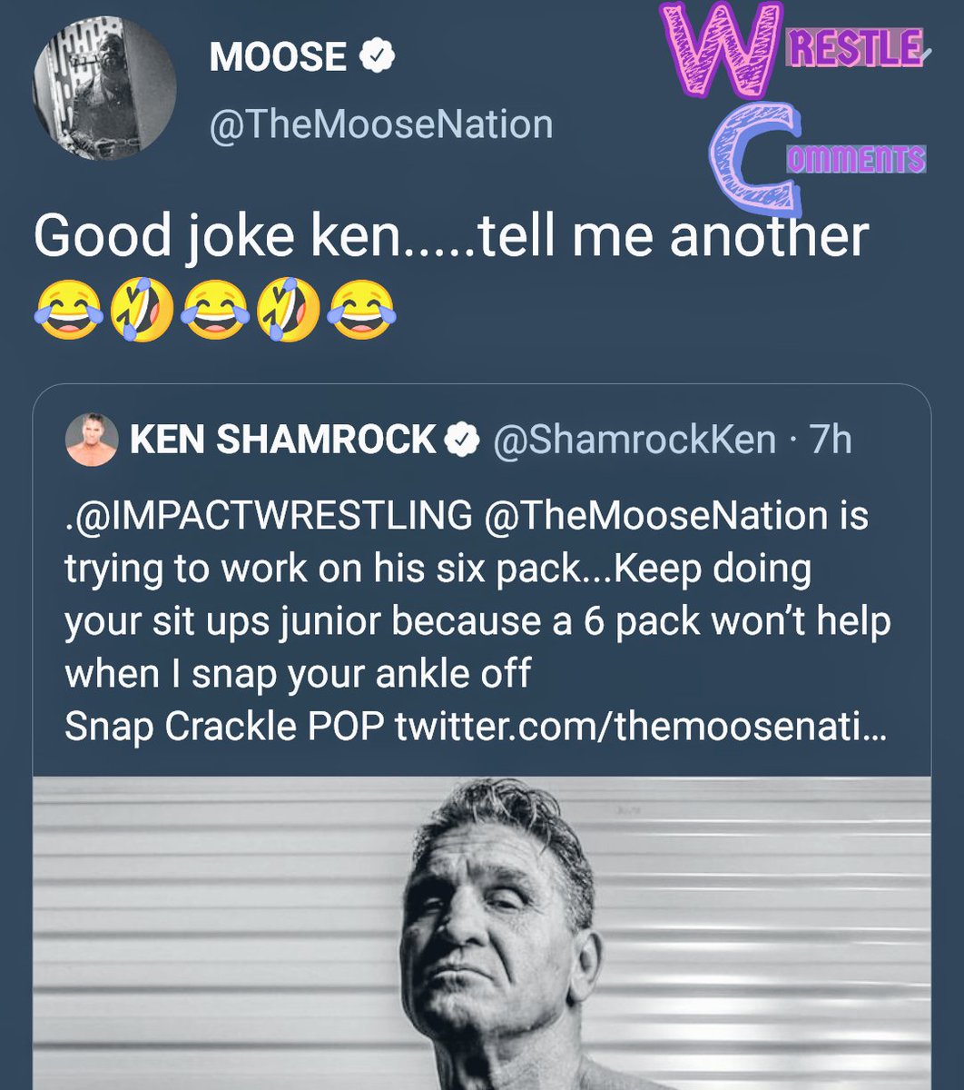 wrestlecomments's tweet photo. #IMPACT star #Moose clowns #UFC/#ProWrestling legend #KenShamrock in just one tweet! #WrestleComments #ICYMI #TGIF https://t.co/QBLsUJfLts